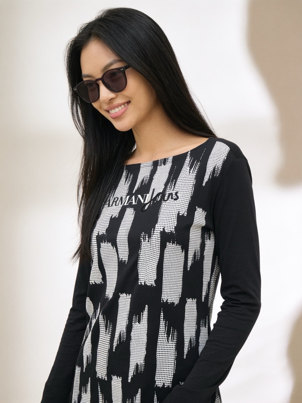 Armani Jeans Black & White Long Sleeve Graphic Top
